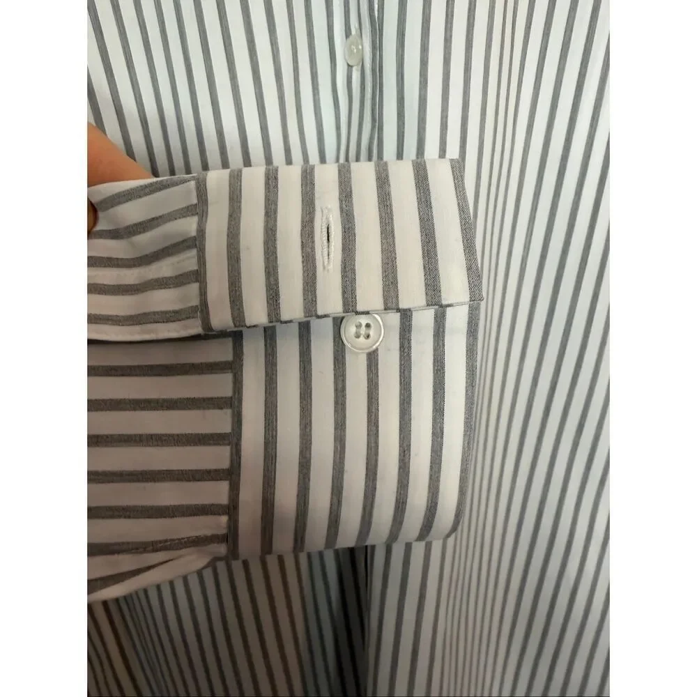 Lafayette 148 New York Helen Striped Button-Down Shirt White, Gray Size S - Picture 7 of 12